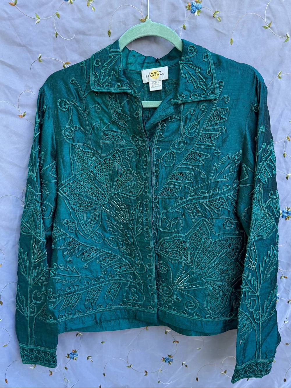 Vintage Teal beaded and Embroidered Women's Silk Jacket